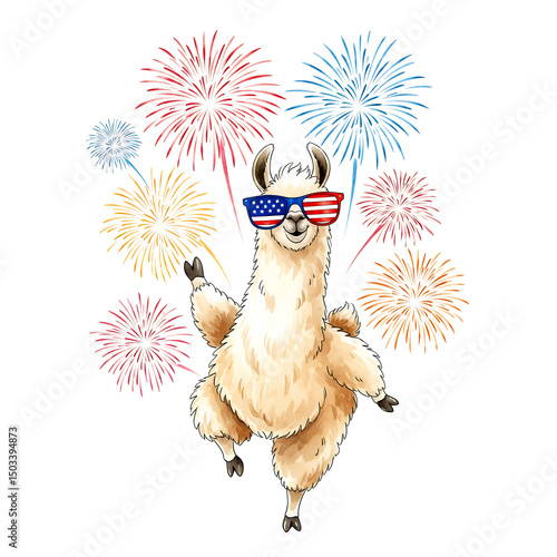 Patriotic llama with fireworks isolated on white background