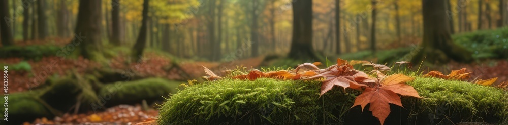 Obraz premium Autumn leaves surround a moss-covered rock in a sun-dappled forest , shadow, green