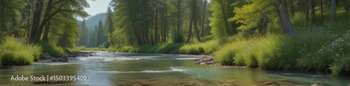 Wallpaper Mural Crystal clear river meanders past towering trees, wildflowers carpet valley floor , vibrant, wildflowers Torontodigital.ca