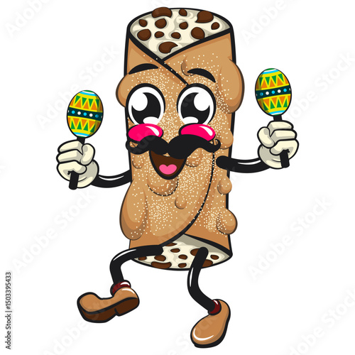 cute cannoli vektor illustration mascot character with moustache playing maracas, work of hand drawn