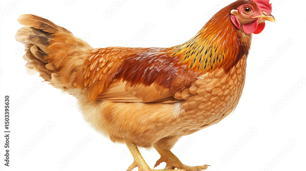 Fototapeta premium Bantam chicken or farm rooster standing isolated on white background, domestic poultry bird