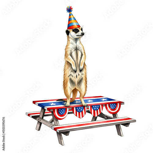 Patriotic meerkat on picnic table isolated on white background