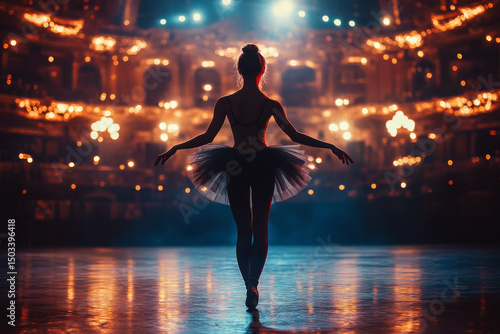 A ballerina stands gracefully on stage under dramatic lighting. Concept of elegance, performance, and art. For dance production.