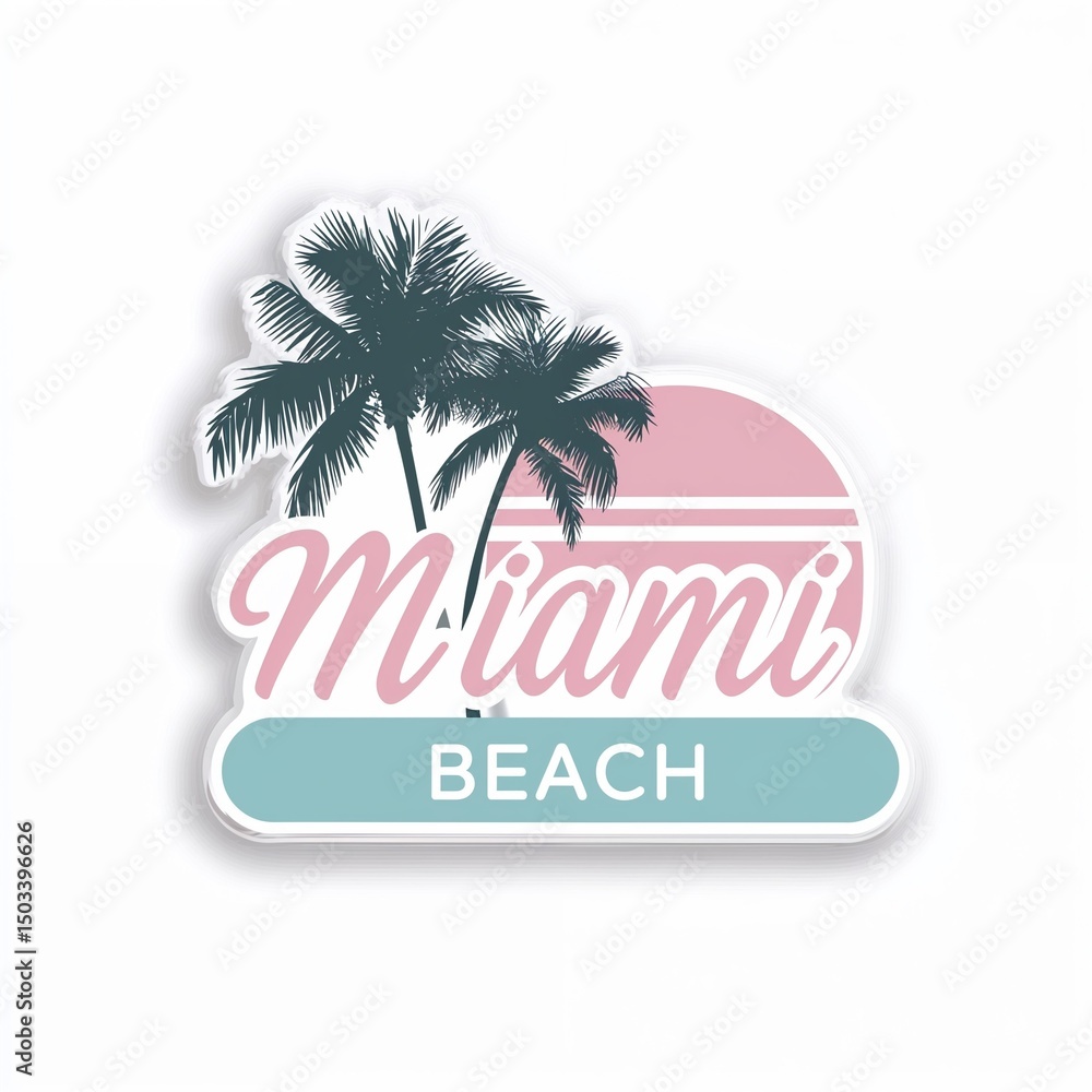 Obraz premium Miami Beach retro sticker with palm trees and sunset