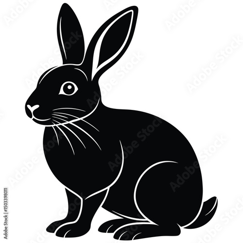 Cute Bunny Sitting Silhouette in Black and White