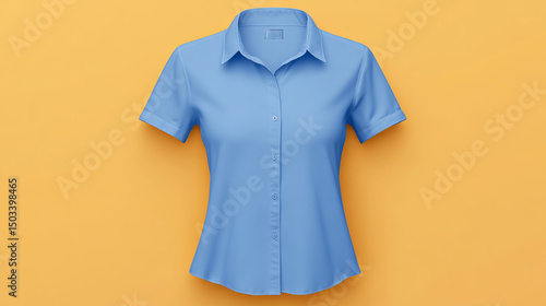Blue poplin short-sleeve fitted shirt for women, mockup clothing template