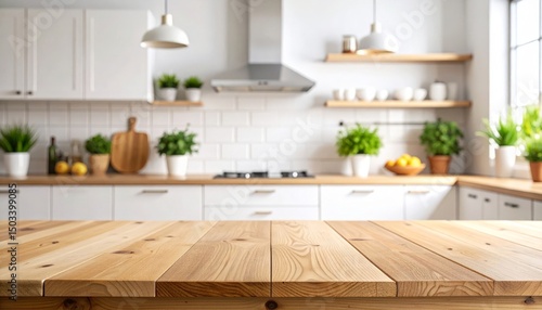 Wooden table close view over blurred kitchen background