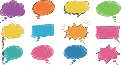 Colorful hand-drawn speech and thought bubbles set in various shapes