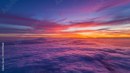 Vivid sunset casting warm hues over a vast cloudscape, creating a mesmerizing view of a colorful evening sky. Captures the serene beauty and dramatic colors of nature at dusk.