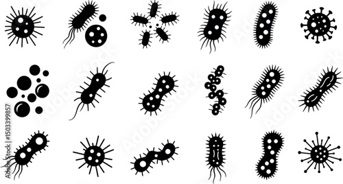 Collection of stylized bacteria icons in various shapes and forms