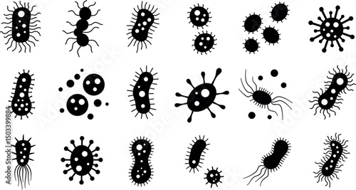 Black silhouette bacteria and virus icons on white background