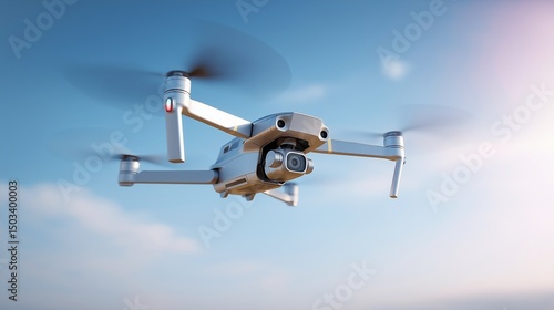 Drone with camera in flight against a bright blue sky