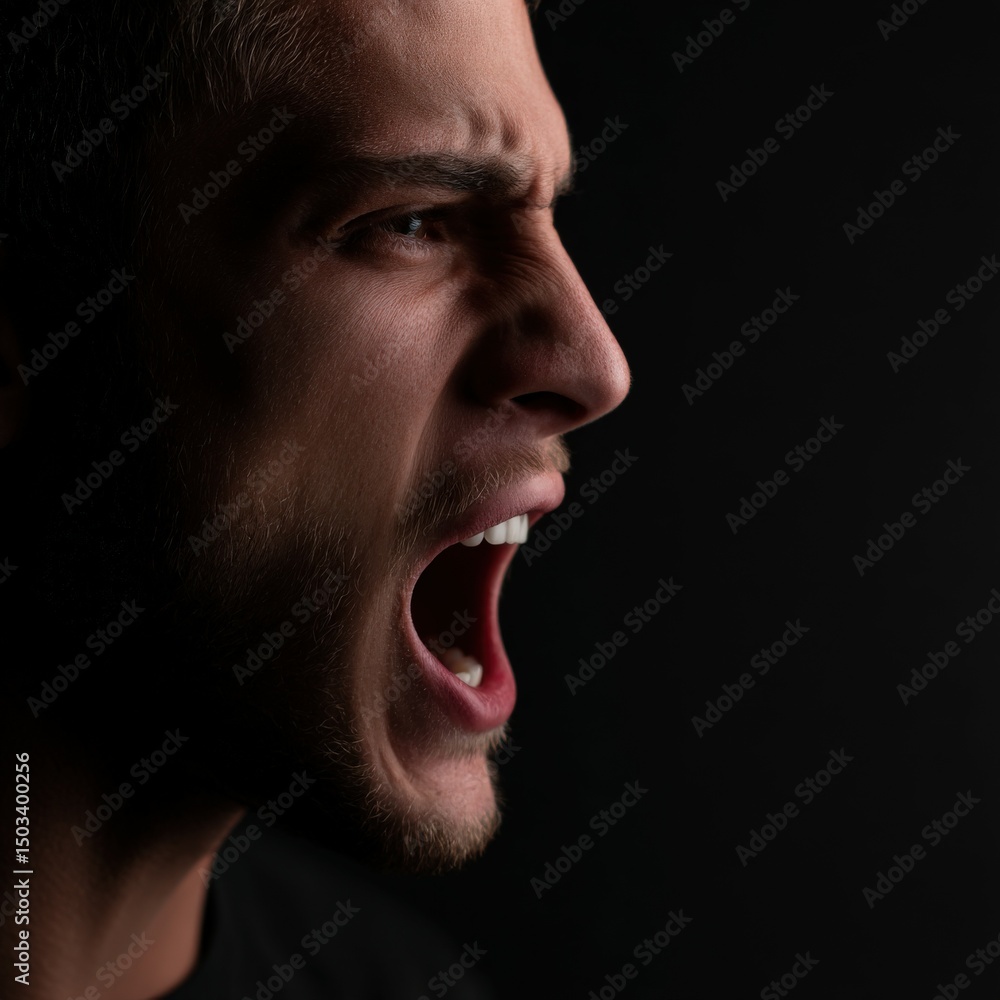Obraz premium Man shouting in anger in front of black background profile