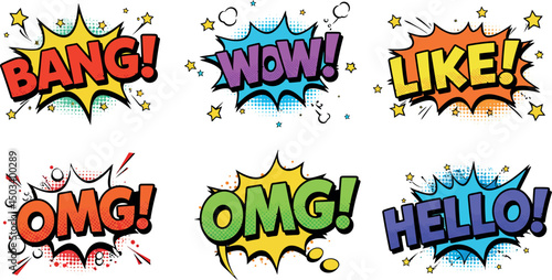Colorful comic book speech bubbles with exclamations and expressions