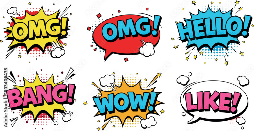 Fototapeta premium Bright comic style speech bubbles with exclamations omg wow hello bang like