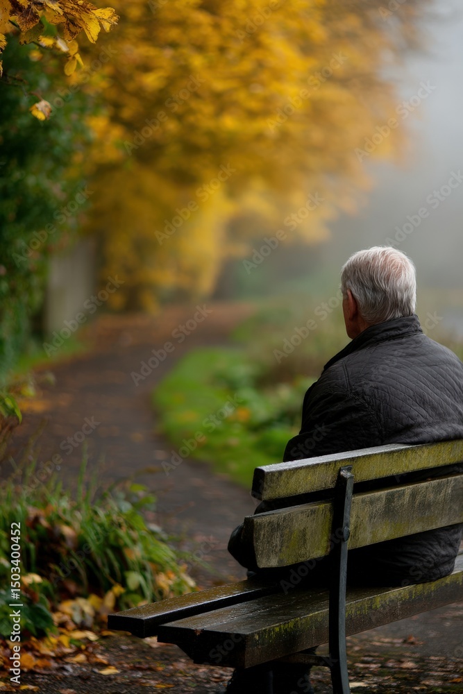 Fototapeta premium Man seated on a park bench during autumn season at daytime
