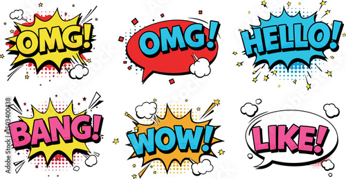 Bright comic style speech bubbles with exclamations omg wow hello bang like