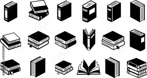 Collection of black and white book icons in various stack and open positions
