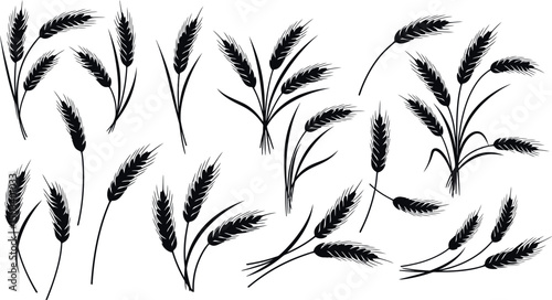 Black silhouette illustrations of wheat ears in various arrangements