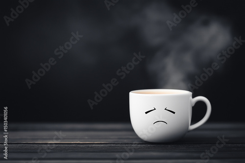 A white coffee cup with a frowning face drawn on it sits on a wooden table
