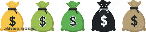 Colorful money bags with dollar signs in row depicting financial variety