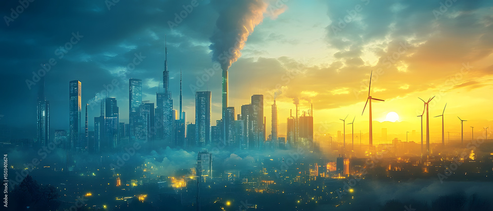 Obraz premium Sustainable Industrial Skyline Powering Net Zero Initiatives through Carbon Trading and Clean Energy Solutions A futuristic cityscape showcasing the of renewable energy technologies