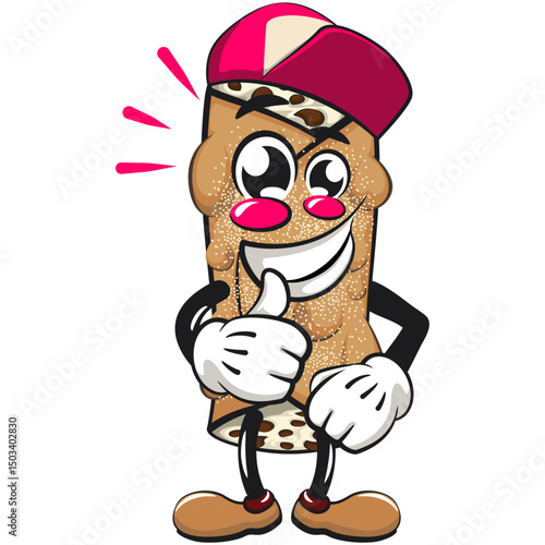 cute cannoli vektor illustration mascot character with big smile wearing a baseball cap while giving a thumbs up, work of hand drawn
