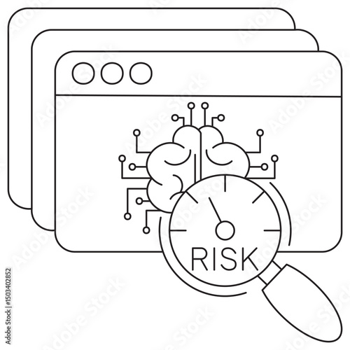AI risk assessment icon. Vector pictogram with thin black lines on transparent background. Editable stroke thickness. Perfect for AI security, risk analysis, and neural network evaluation