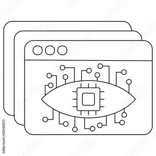 Icon of AI vision processing with layered screens showing an eye with a microchip. Vector clipart with thin black lines on a transparent background, editable line thickness