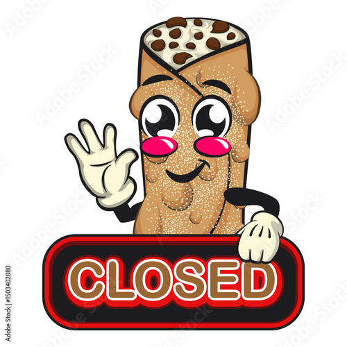 cute cannoli vektor illustration mascot character showing a sign that says closed while waving his hand, work of hand drawn