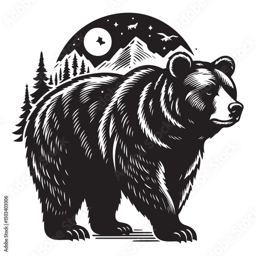 Silhouette Bear Black Vector white background illustration Style 