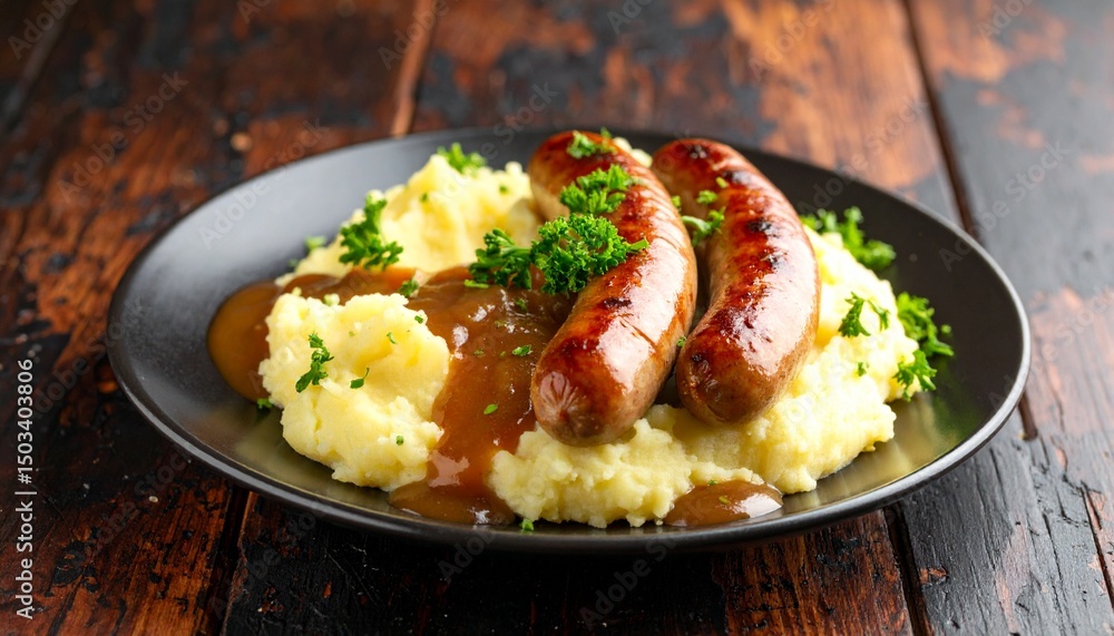 Classic British Bangers and Mash with juicy pork sausages, creamy mashed potatoes, and rich onion gravy, served on a rustic plate with parsley garnish, warm pub-style setting, moody lighting. Classic British Bangers and Mash with juicy pork sausages, creamy mashed potatoes, and rich onion gravy, served on a rustic plate with parsley garnish, warm pub-style setting, moody lighting.