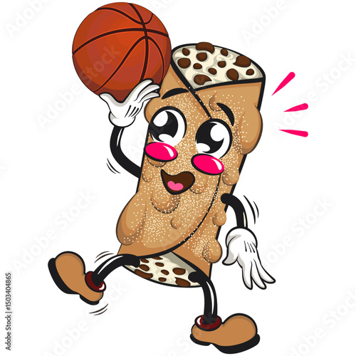 cute cannoli vektor illustration mascot character playing basketball, work of hand drawn