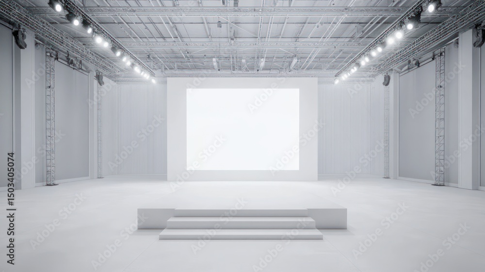 Fototapeta premium Empty white presentation hall with large blank screen