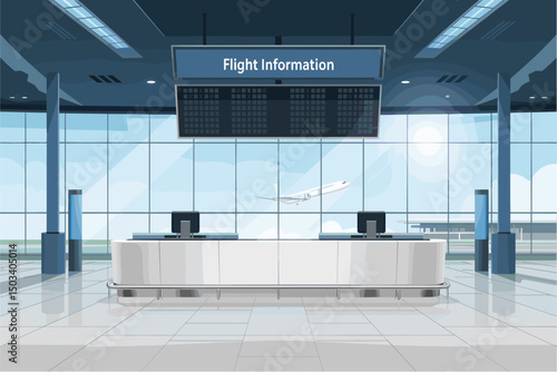 A large airport terminal with a flight information board above the counter. A plane is flying in the background