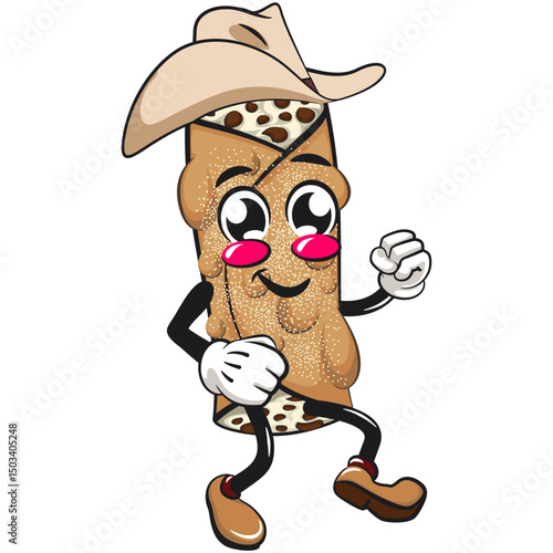 cute cannoli vektor illustration mascot character wearing a cowboy hat walking, work of hand drawn