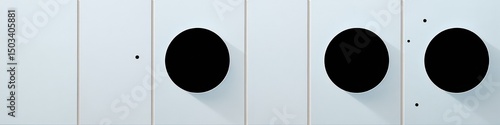 Minimalist Abstract Art - White Panels with Black Circles and Dots - Modern Wall Decor with Shadow Effects and Geometric Shapes