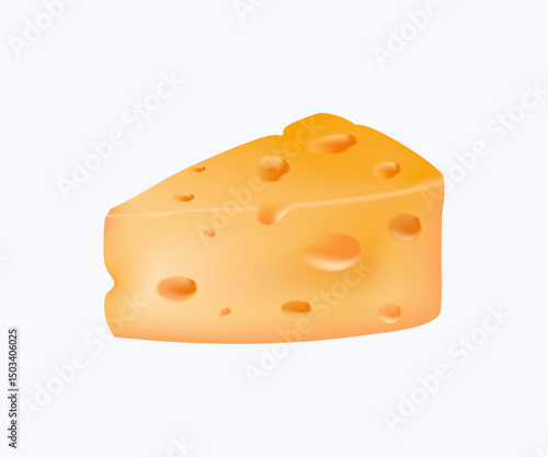 Swiss cheese illustration of a yellow cheese slice with round holes. Realistic 3d triangular piece of cheese vector