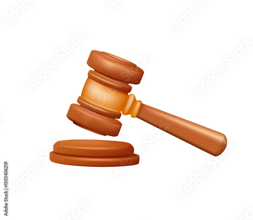 Gavel illustration icon, law and justice concept. Wooden judge gavel and soundboard 3D render vector illustration. Law