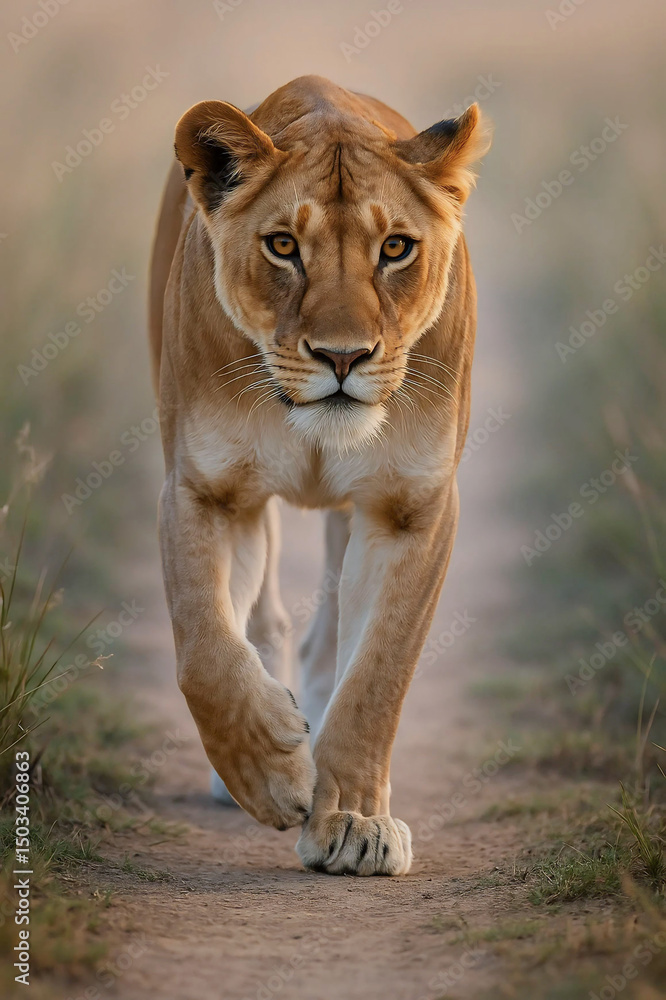 Obraz premium Lioness approaching with intensity, close-up safari shot.