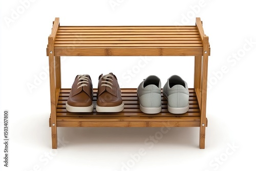 Two-tiered bamboo shoe rack with brown and gray shoes