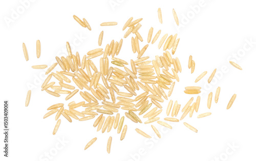 Close up basmati rice uncooked isolated on white, top view