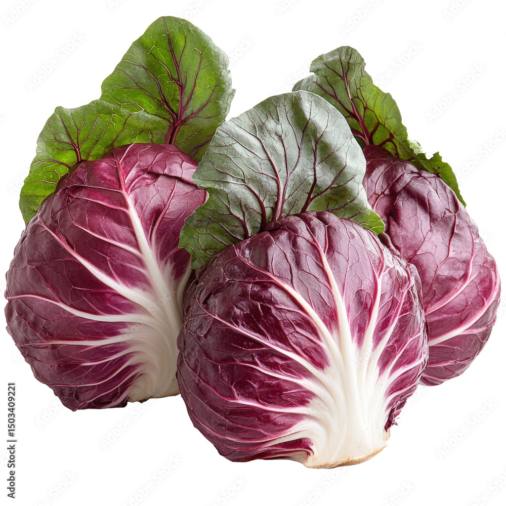 Obraz premium Vibrant cluster of radicchio heads featuring fresh green outer leaves detail