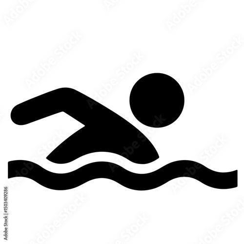 A simple black illustration of a person swimming.