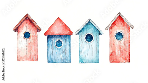 Colorful Watercolor Birdhouses Row.