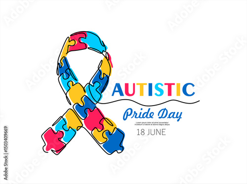 Single continuous line drawing campaign ribbon made from puzzle pieces. A form of concern for others. They need our attention. Caring. Autistic Pride Day. One line design vector illustration.Editable	