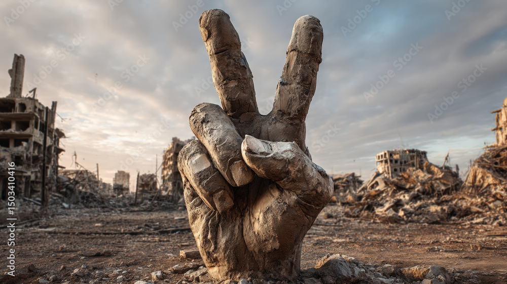 Fototapeta premium Peace sign sculpture standing in war-torn city ruins symbolizing hope, survival, and strength after destruction