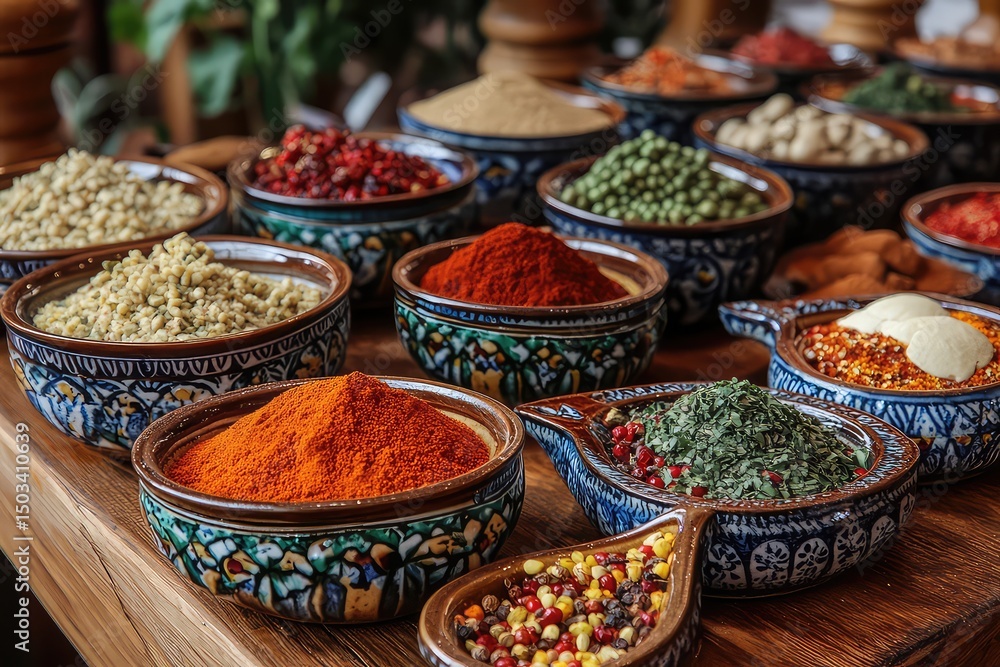 A colorful array of spices used in Mediterranean cooking, including paprika, cumin, and coriander, arranged on a table. A colorful array of spices used in Mediterranean cooking, including paprika, cumin, and coriander, arranged on a table.