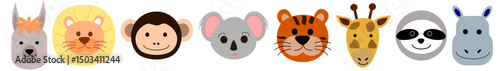 cartoon animal, monkey, koala, tiger, alpaca, giraffe, sloth, hippo
