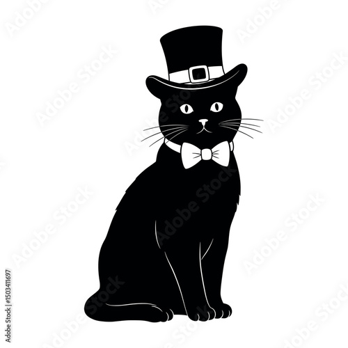 Elegant Black Cat in Top Hat and Bow Tie